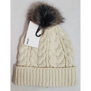 Kensie Womens Winter Hat Beanie Toboggan With Pom Knit Off-White New!